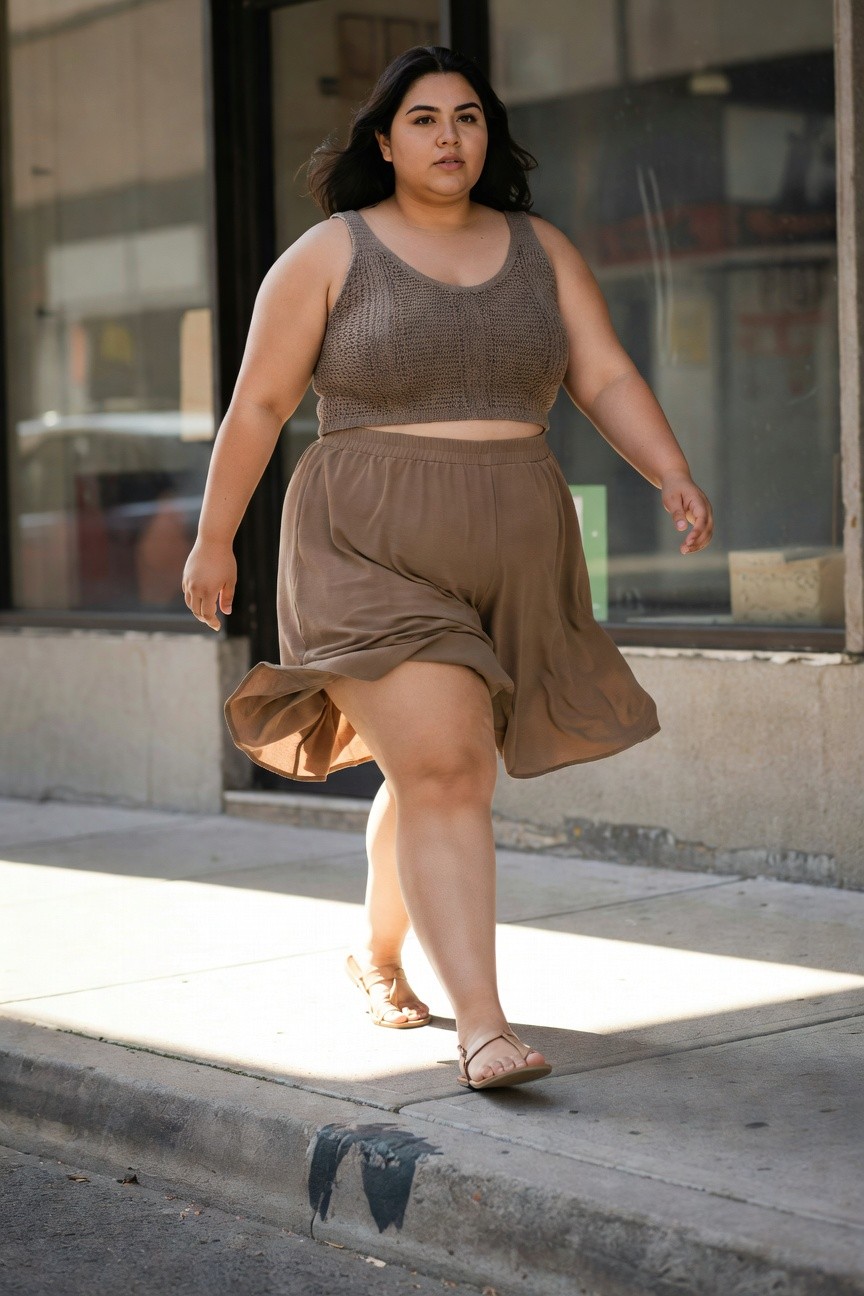 Plus-size woman walking in a cropped brown knit tank top, matching high-waisted flowy brown skirt, and nude strappy sandals, skirt flaring with movement