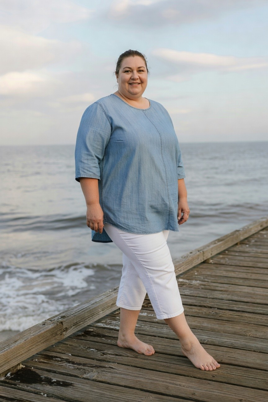 Plus-size woman standing on wooden pier wearing loose light blue chambray tunic with elbow-length sleeves and asymmetric hem over white cropped capri pants, barefoot, smiling at camera with ocean in background