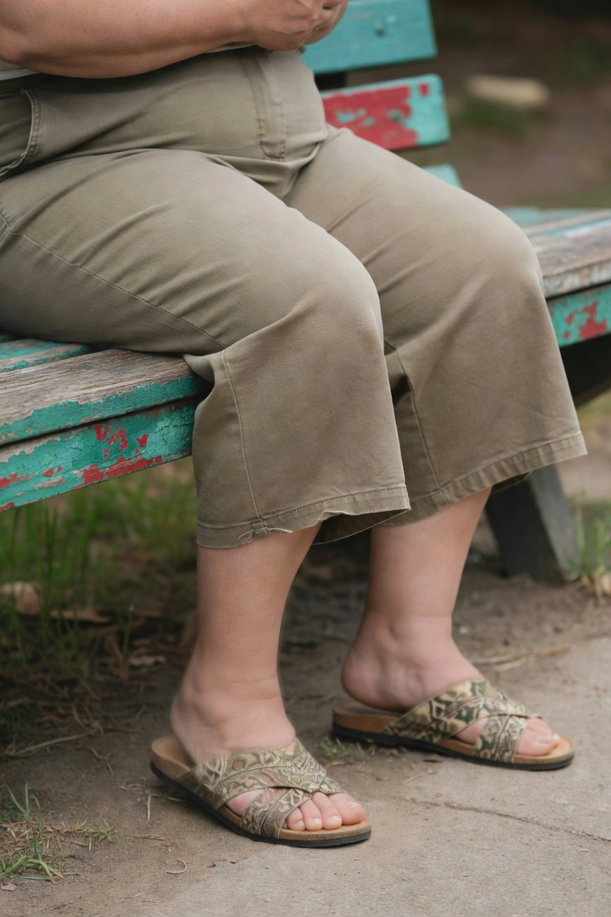 Plus-size woman seated on a weathered green park bench in wide-leg olive khaki cropped pants and gold-green patterned woven wedge sandals, legs crossed casually