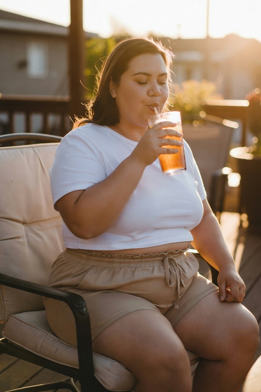 Curvy brunette woman in fitted white cropped t-shirt and loose beige drawstring shorts, sipping iced tea through a straw from a plastic cup while seated in a cushioned outdoor chair