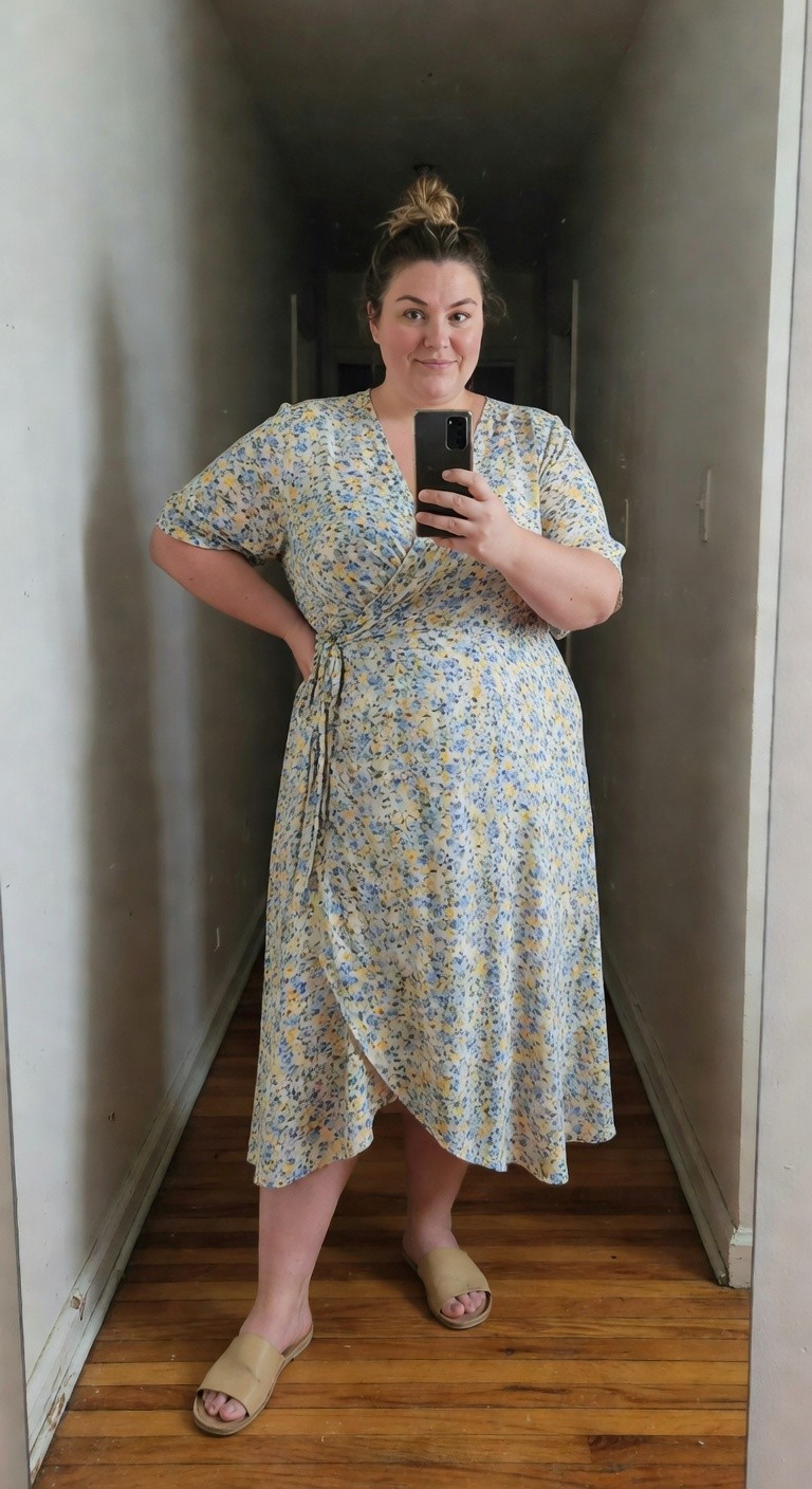Plus-size woman with curly dark hair in a bun, smiling in selfie while wearing a pink floral print wrap midi dress with short sleeves and tan platform sandals, posing in a hallway mirror