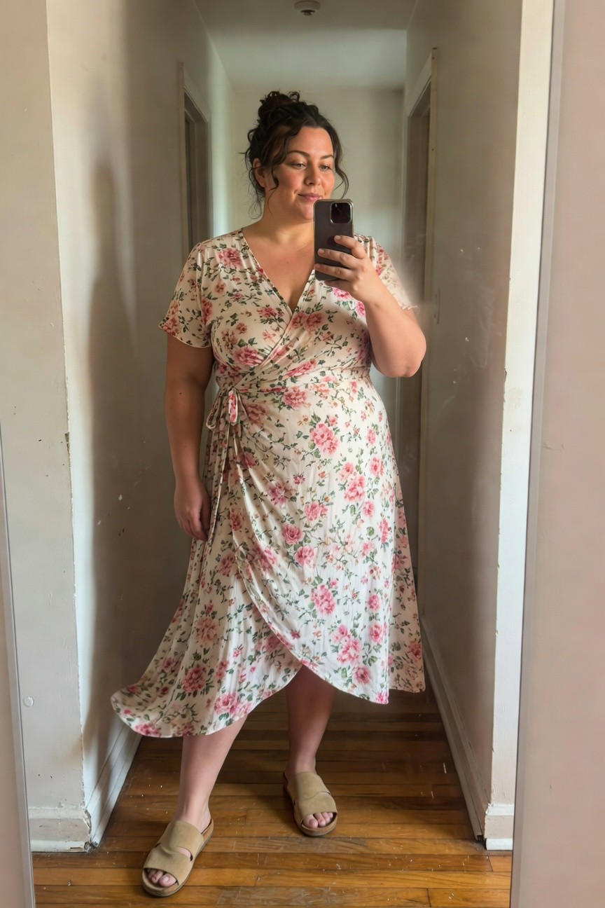 Plus-size woman with curly dark hair in a bun, smiling in selfie while wearing a pink floral print wrap midi dress with short sleeves and tan platform sandals, posing in a hallway mirror