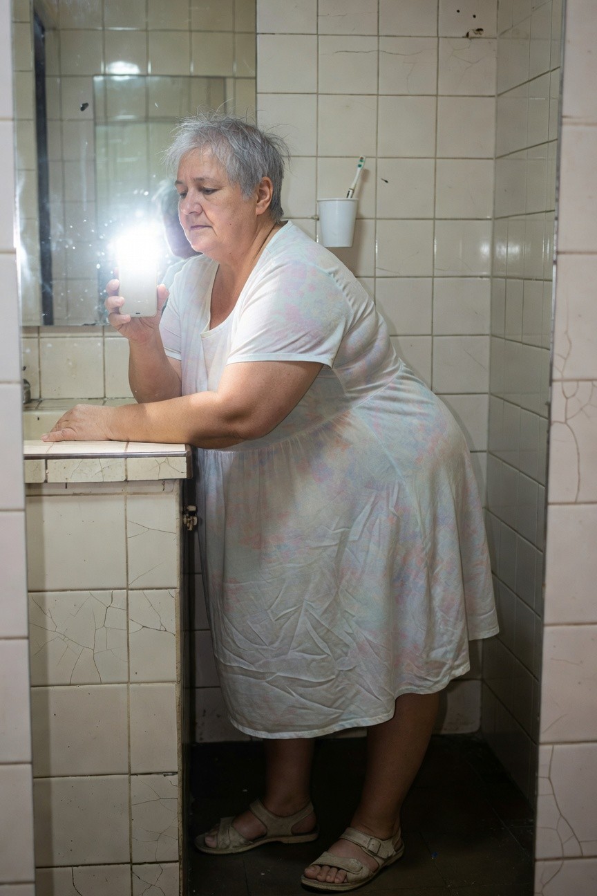 Plus-size woman with short gray hair wearing a flowy white printed dress with pink accents, short sleeves, and A-line skirt, paired with tan strappy sandals, posing in front of a bathroom mirror while holding her phone with flash on.