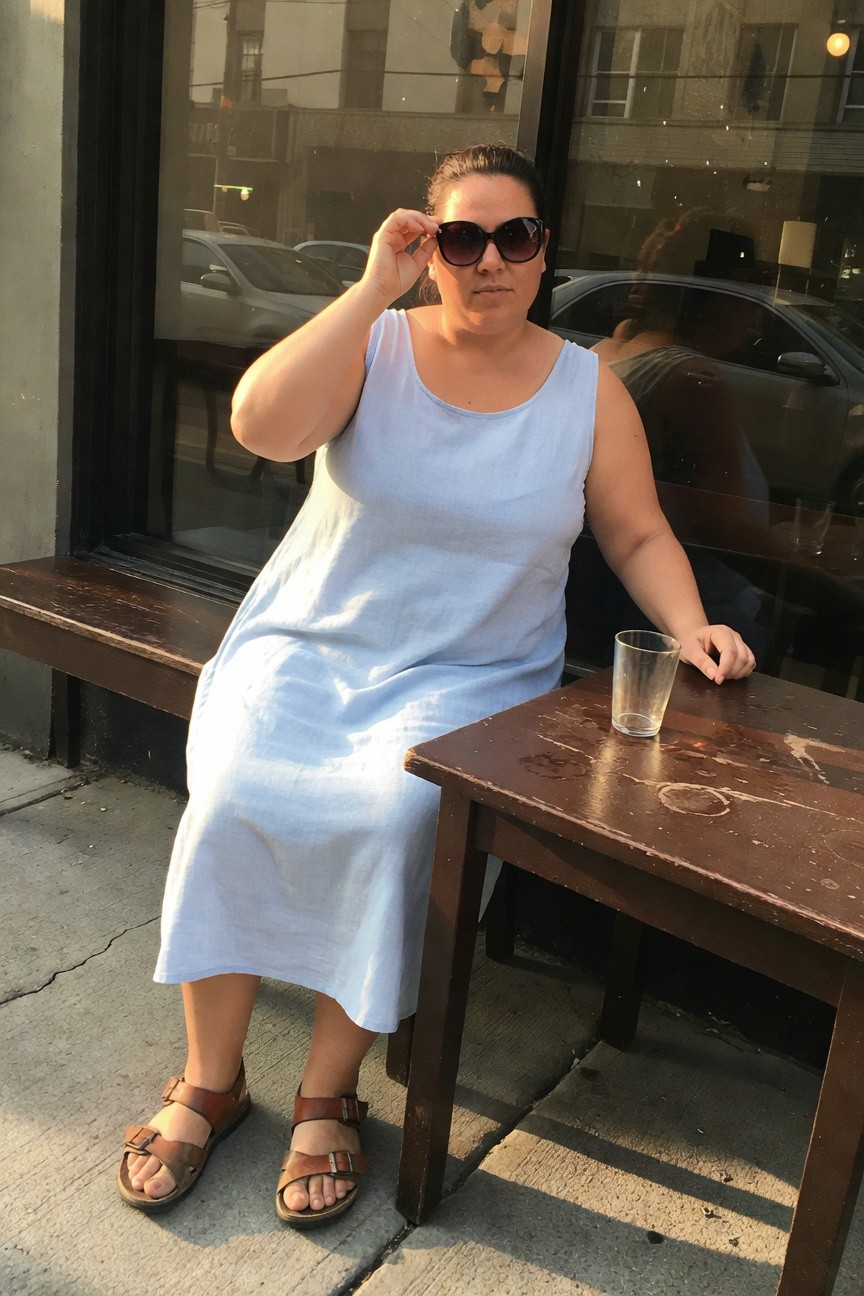 Plus-size woman sitting outdoors in a light blue sleeveless linen shift dress, brown strappy leather sandals, large dark sunglasses, hand on glasses frame, at a wooden table with empty glass.