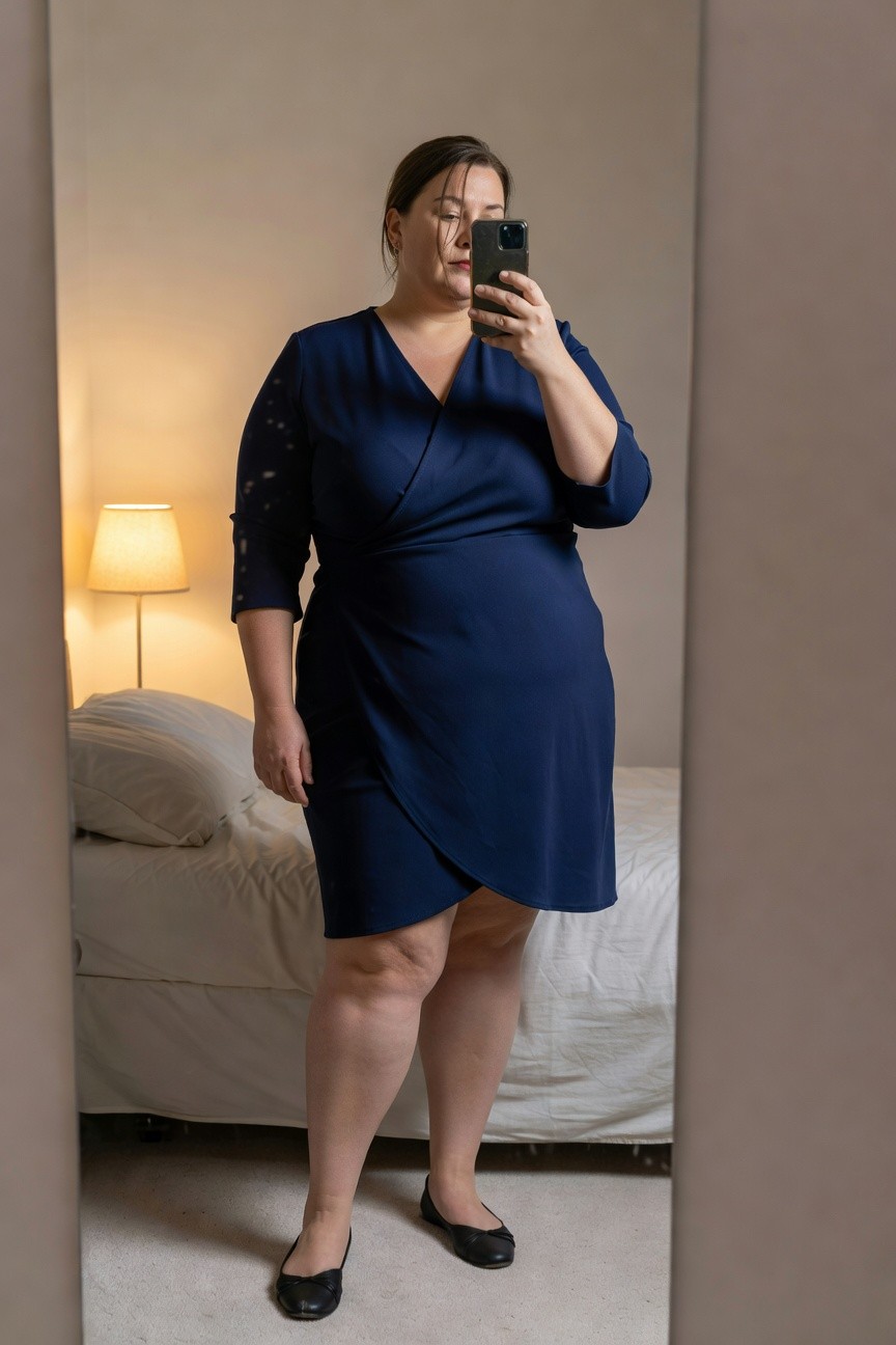 Plus-size woman in a navy blue wrap dress with elbow-length sleeves and subtle lace details, standing in front of a mirror wearing black ballet flats, selfie-style photo in a bedroom setting