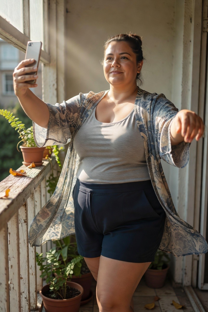 Plus-size woman smiling while taking a selfie, wearing an open printed kimono cardigan over a gray tank top and navy culotte shorts, standing on a balcony with plants nearby