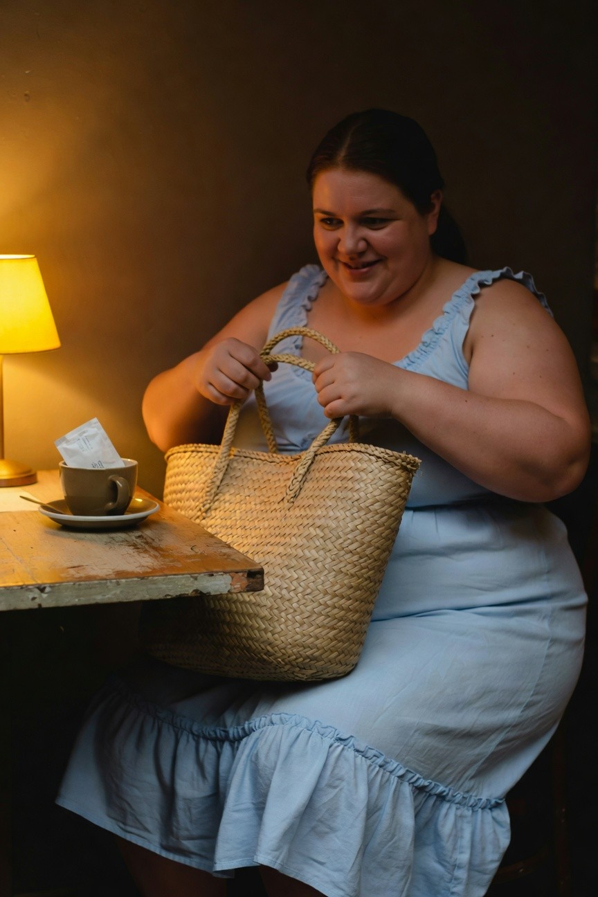 Plus-size woman in light blue sleeveless ruffled dress holding tan woven straw bag, seated at wooden table with coffee cup nearby