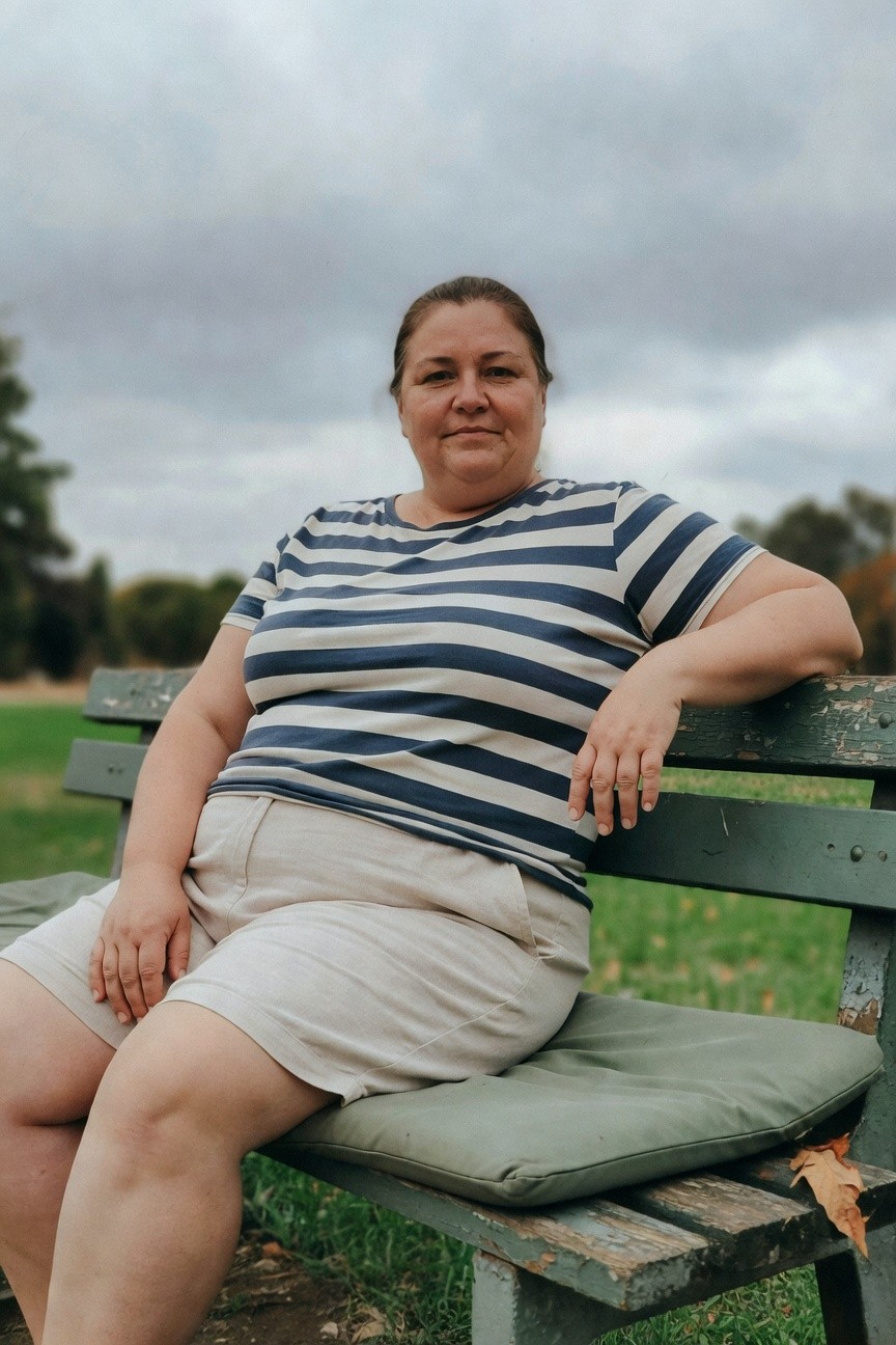 Plus-size woman seated on a green bench cushion wearing a navy and white horizontal striped short-sleeve crewneck t-shirt tucked loosely into high-waisted beige knee-length shorts, one arm draped over the bench back, casual confident smile against blurred park background