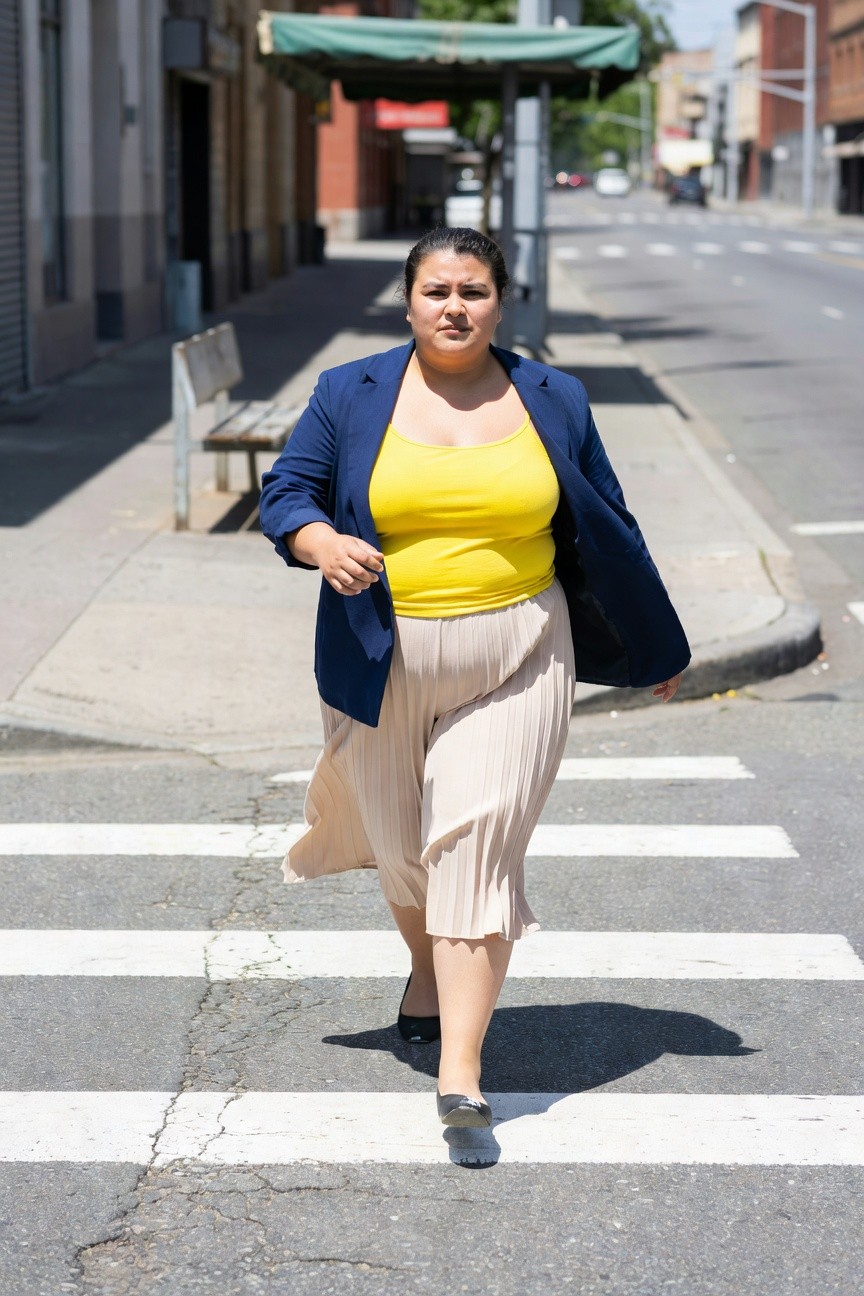 Plus-size woman in open navy blue blazer over yellow sleeveless tank top, beige pleated midi skirt, and black low-heel shoes, walking across a crosswalk