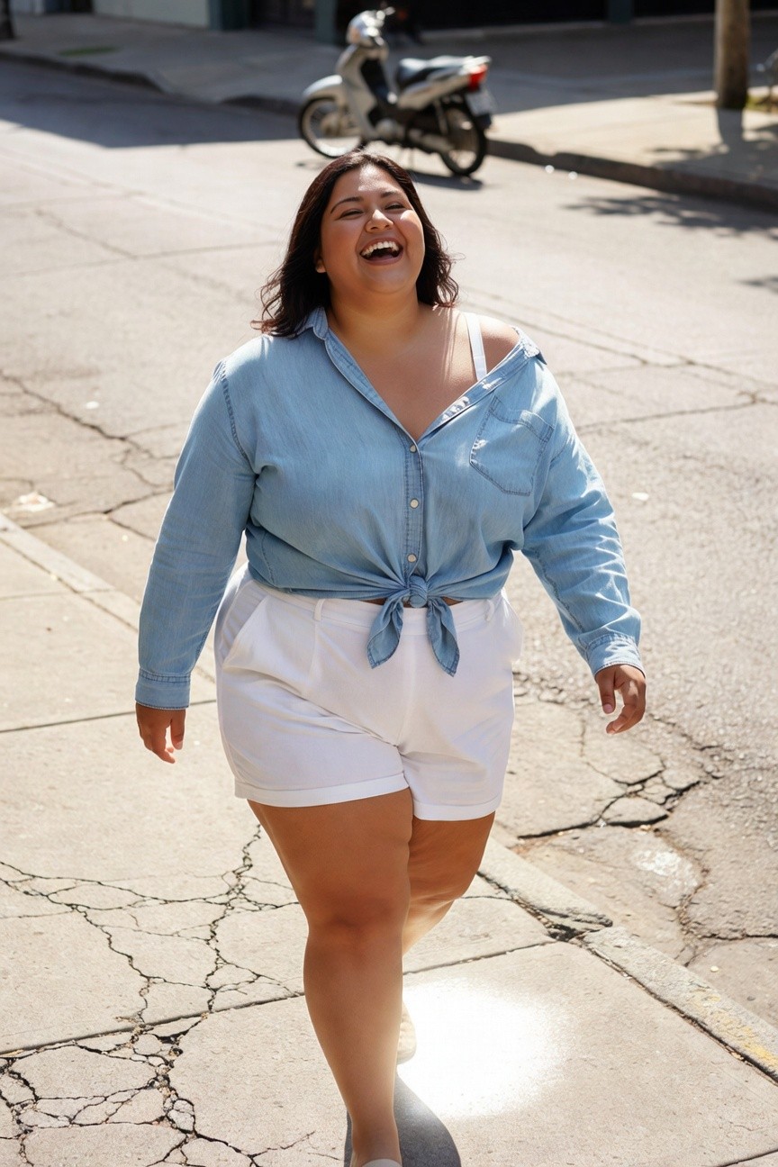 Plus-size woman laughing while walking in a light blue long-sleeve denim shirt tied at the waist over short white pleated shorts and white shoes on a sunny street