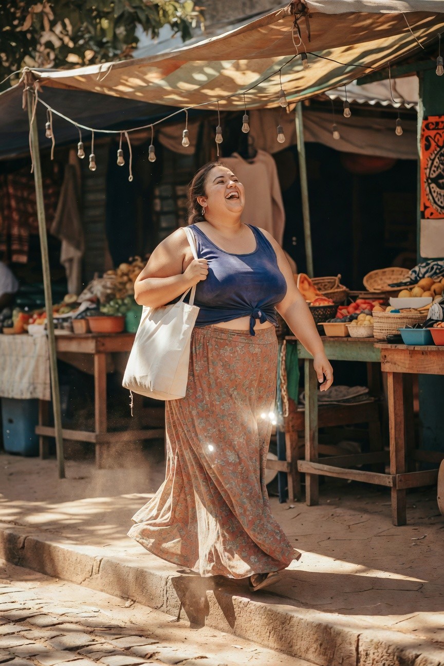 Plus-size woman joyfully laughing while walking in a knotted navy blue tank top, white canvas tote bag over shoulder, flowy ankle-length printed skirt in orange and brown tones, simple sandals, beside wooden market stalls with fruits and vegetables