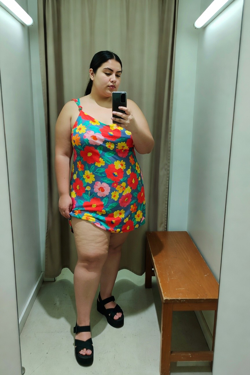Plus-size woman in a changing room mirror selfie wearing a short vibrant floral print mini dress with spaghetti straps in red, turquoise, blue, and yellow flowers, paired with black platform strappy sandals, thick thighs visible, phone in hand