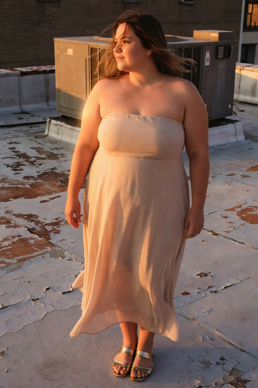 Plus-size woman standing sideways in a flowy beige strapless maxi dress with gold strappy flat sandals, arms relaxed at sides