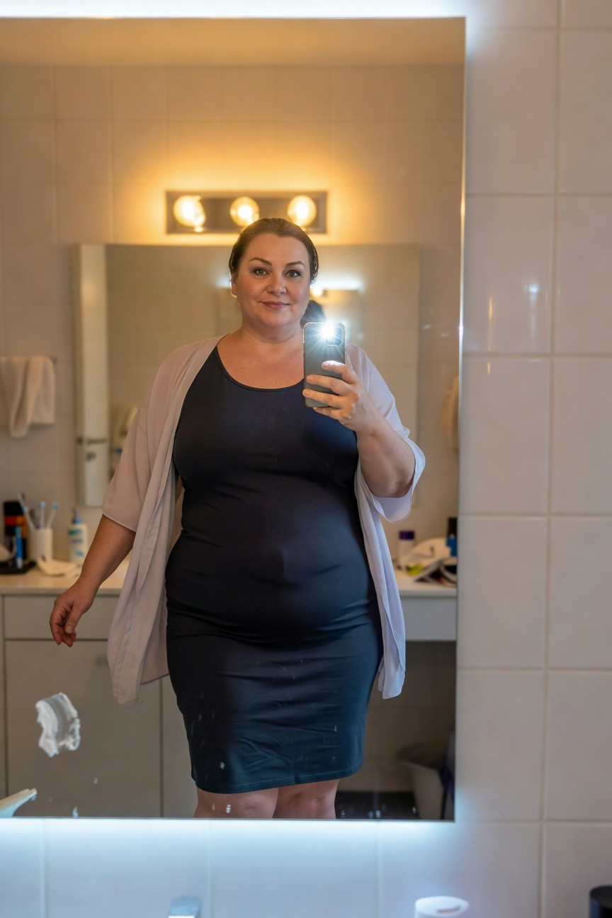 Plus-size pregnant woman in a form-fitting navy black midi dress layered with an open light gray cardigan, taking a mirror selfie in a bathroom, smiling confidently.