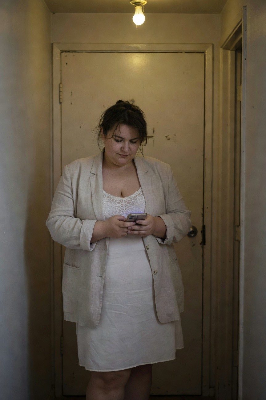 Plus-size woman in cream linen blazer over white lace camisole and short white linen dress, standing in narrow beige hallway lit by overhead bulb, checking her phone with a thoughtful expression