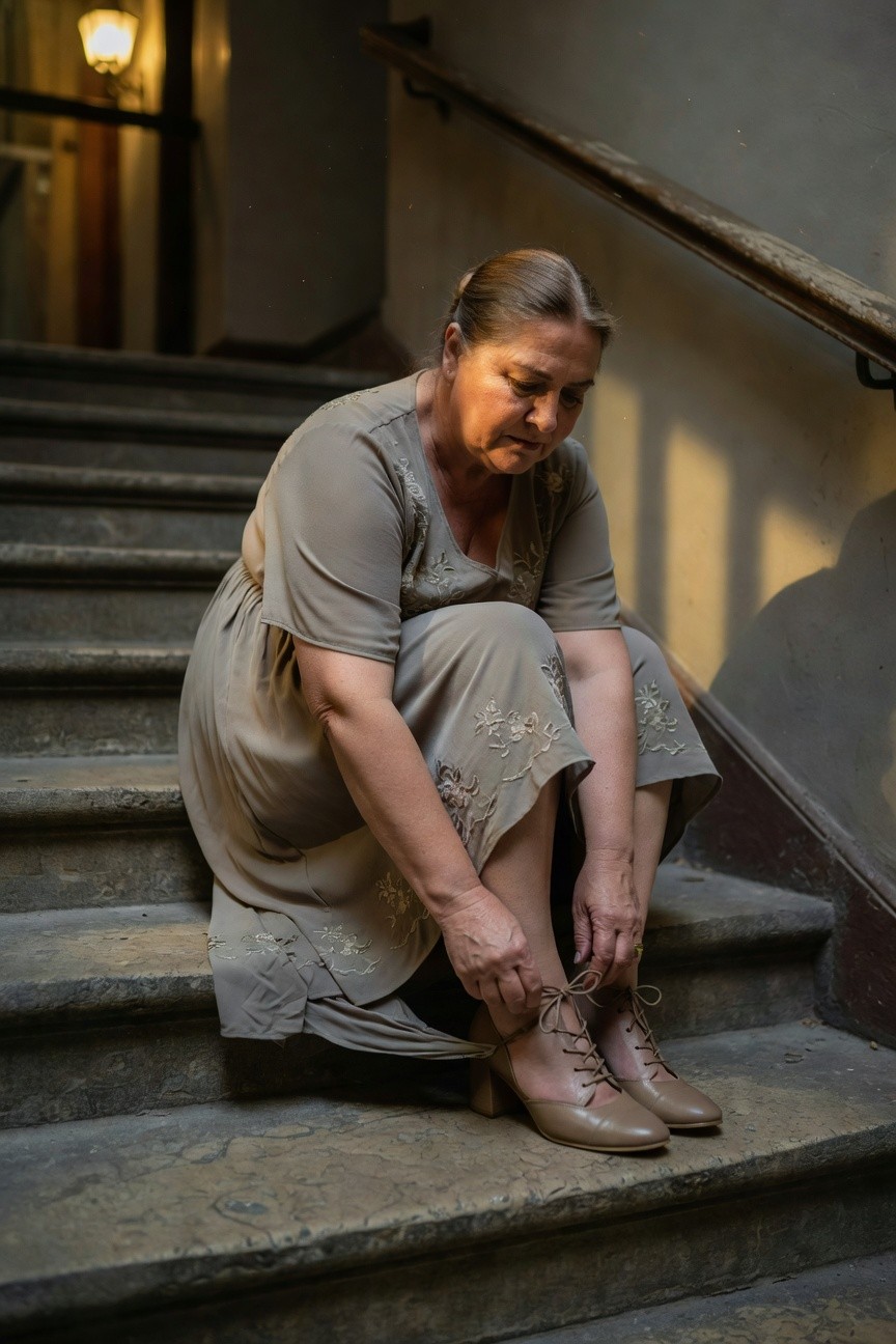 Plus-size woman in embroidered taupe short-sleeve A-line midi dress with lace-up tan mid-heel shoes, captured mid-motion adjusting laces while seated