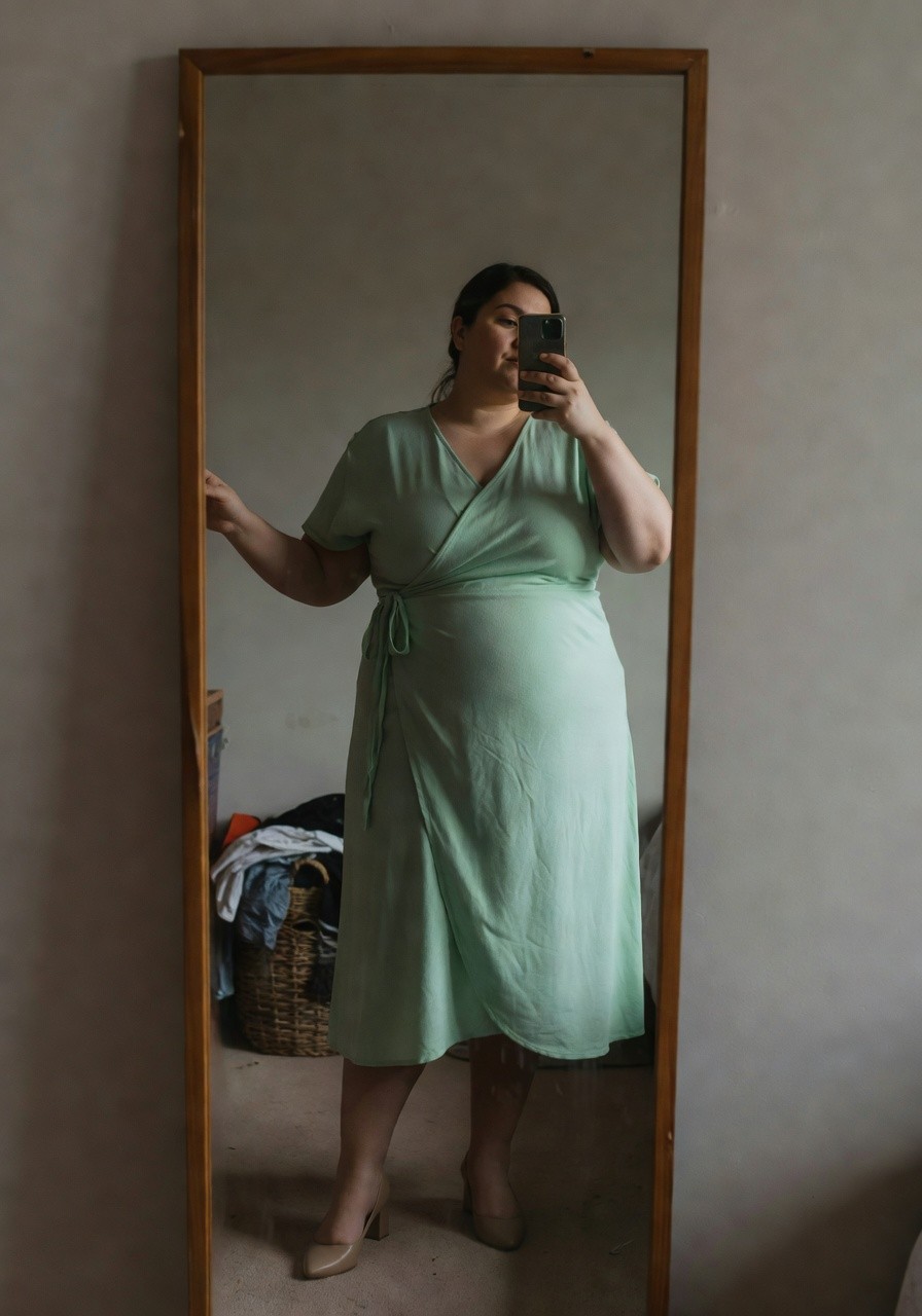 Plus-size woman in a light green short-sleeve wrap dress with waist tie, posing in front of a mirror, wearing black low-heel pumps, bedroom visible in reflection
