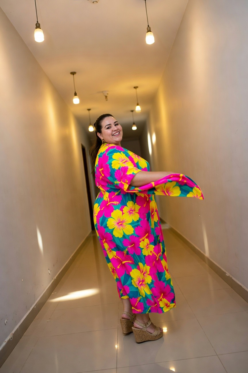 Plus-size woman smiling over her shoulder in a vibrant pink yellow and turquoise hibiscus floral print kaftan dress with flowing sleeves and hem wearing tan cork wedge espadrille heels posing in a lit hallway