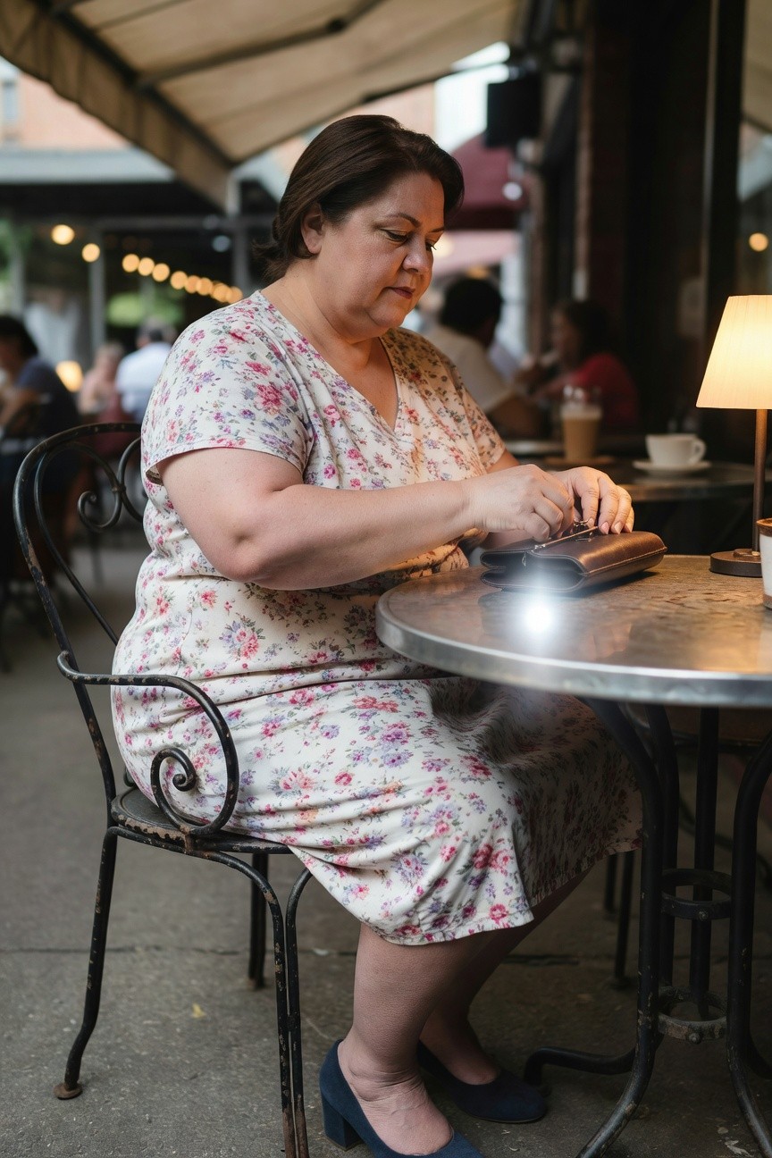 Plus-size woman in a light floral print midi dress with short sleeves and v-neck, navy blue heels, holding a brown leather clutch, seated at an outdoor metal cafe table.