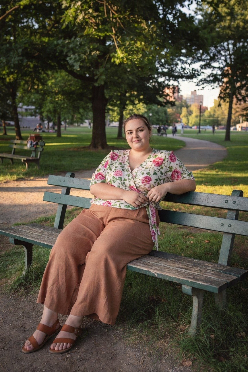 Plus-size woman seated on a green park bench in a white floral wrap blouse with pink roses, rust wide-leg pants, and tan strappy sandals, hands clasped in lap, park path and trees softly blurred behind