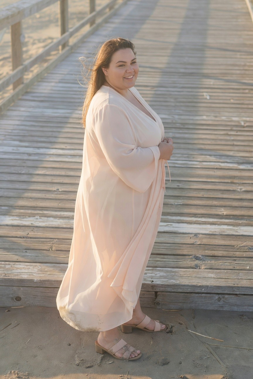 Side view of plus-size woman smiling on wooden pier wearing long flowing cream kimono-style cover-up with wide sleeves open at front over bust paired with nude strappy low-heel sandals, hem slightly sandy