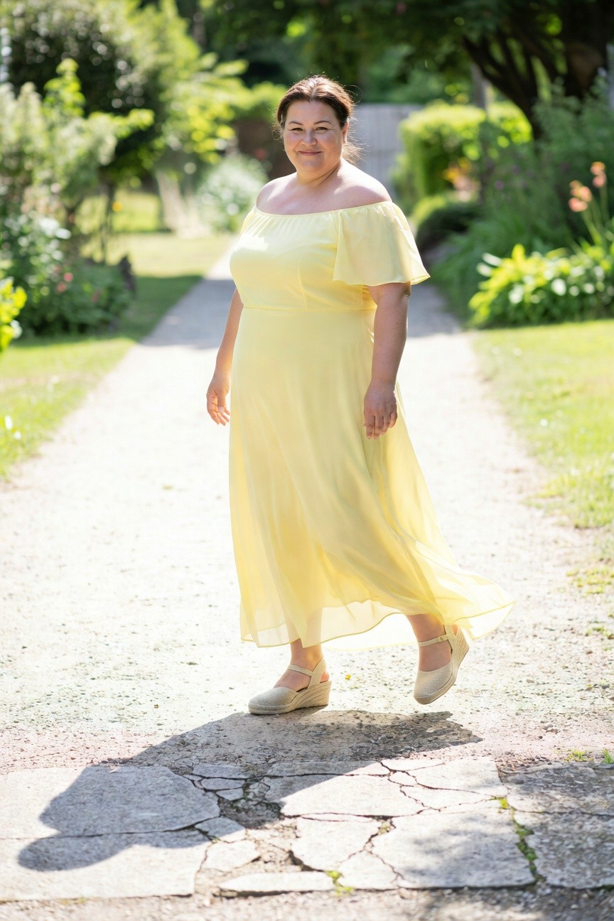 Plus-size woman smiling in pale yellow off-shoulder chiffon maxi dress with ruffled shoulders and flowy skirt, beige espadrille wedge sandals with ankle straps, walking on gravel path