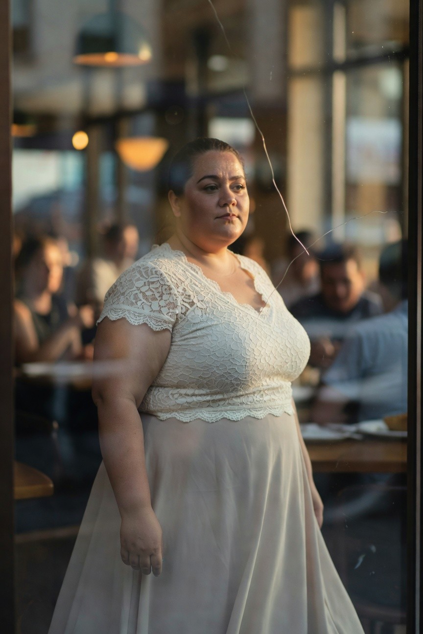 Plus-size woman in cream lace cap-sleeve crop top with deep neckline and high-waisted flowy pale skirt, standing confidently by a restaurant window