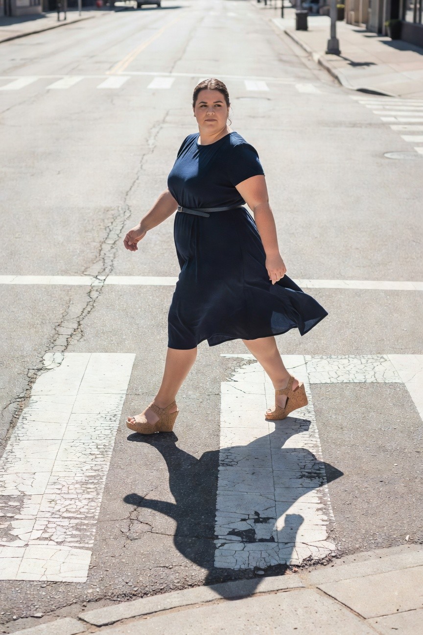 Plus-size woman in navy blue short-sleeve belted midi dress with flared skirt and tan cork wedge sandals, walking across a striped crosswalk, shadow visible on pavement