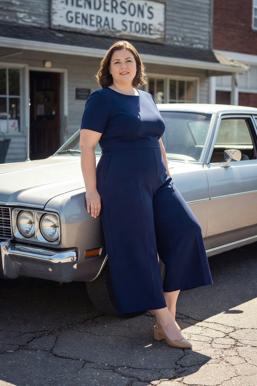 Plus-size woman posing in a navy blue short-sleeve wide-leg jumpsuit with tan slingback heels, leaning casually against a vintage car in front of an old general store.
