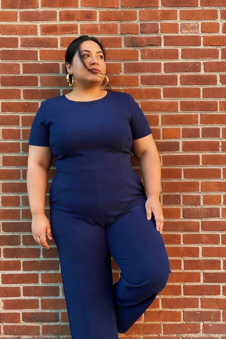 Plus-size woman wearing a navy blue short-sleeve wide-leg jumpsuit with gold hoop earrings, posing confidently against a brick wall
