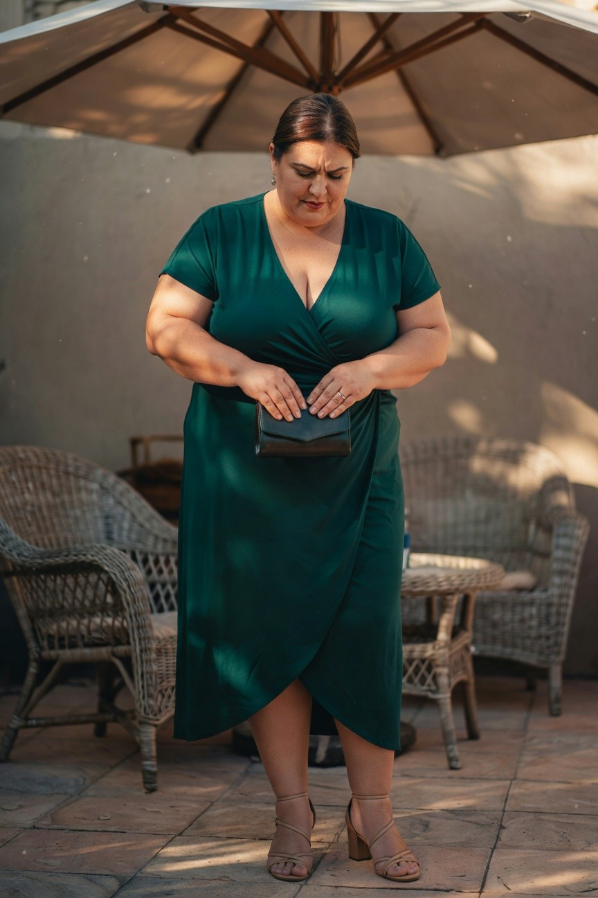 Plus-size woman in a deep green sleeveless wrap dress holding a black clutch, wearing nude strappy heeled sandals, standing on a patio with wicker furniture in the background
