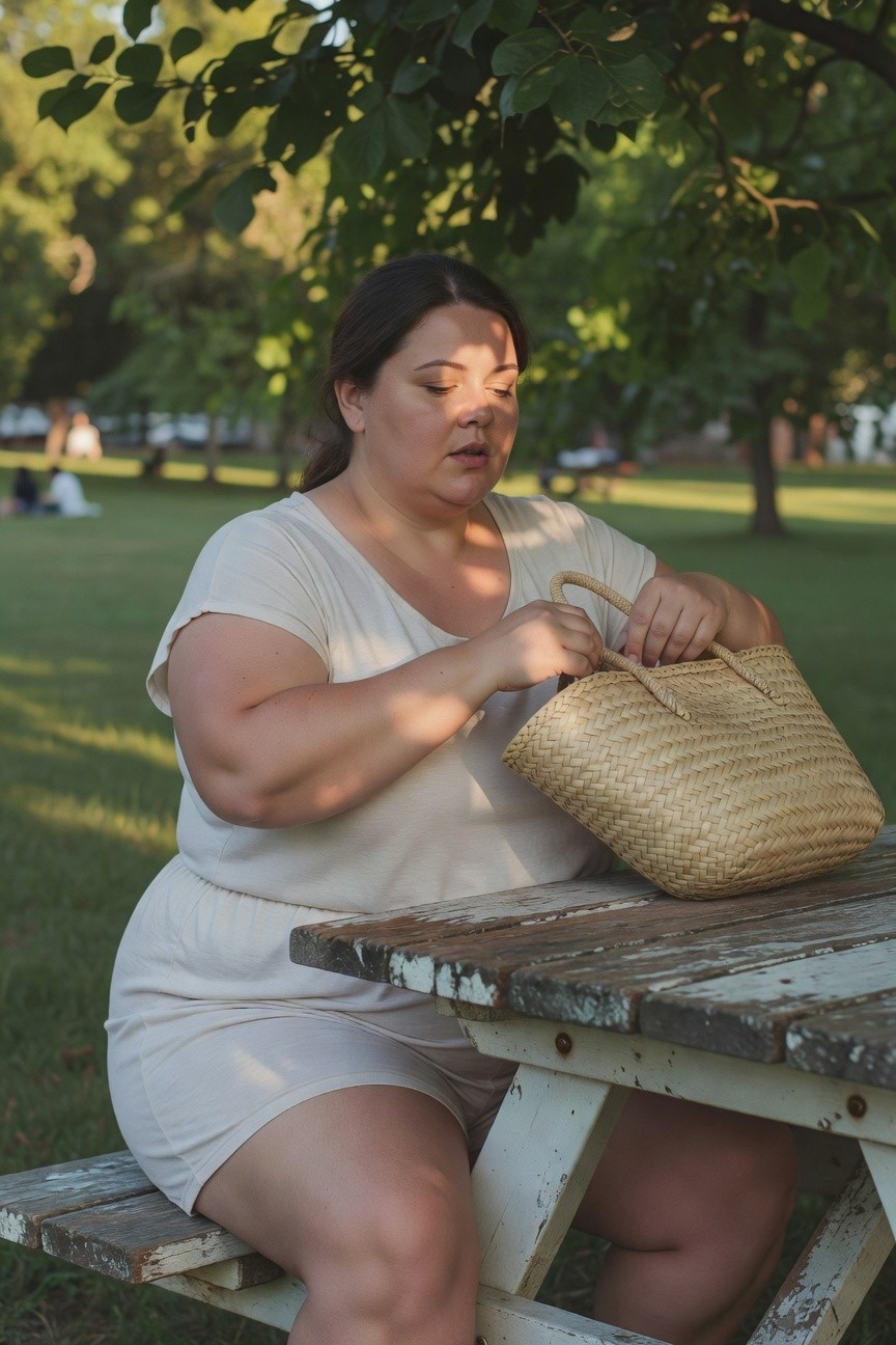 Plus-size woman with brown hair wearing a light beige short-sleeve romper with shorts, holding a tan woven straw handbag while seated at a wooden picnic table in a park