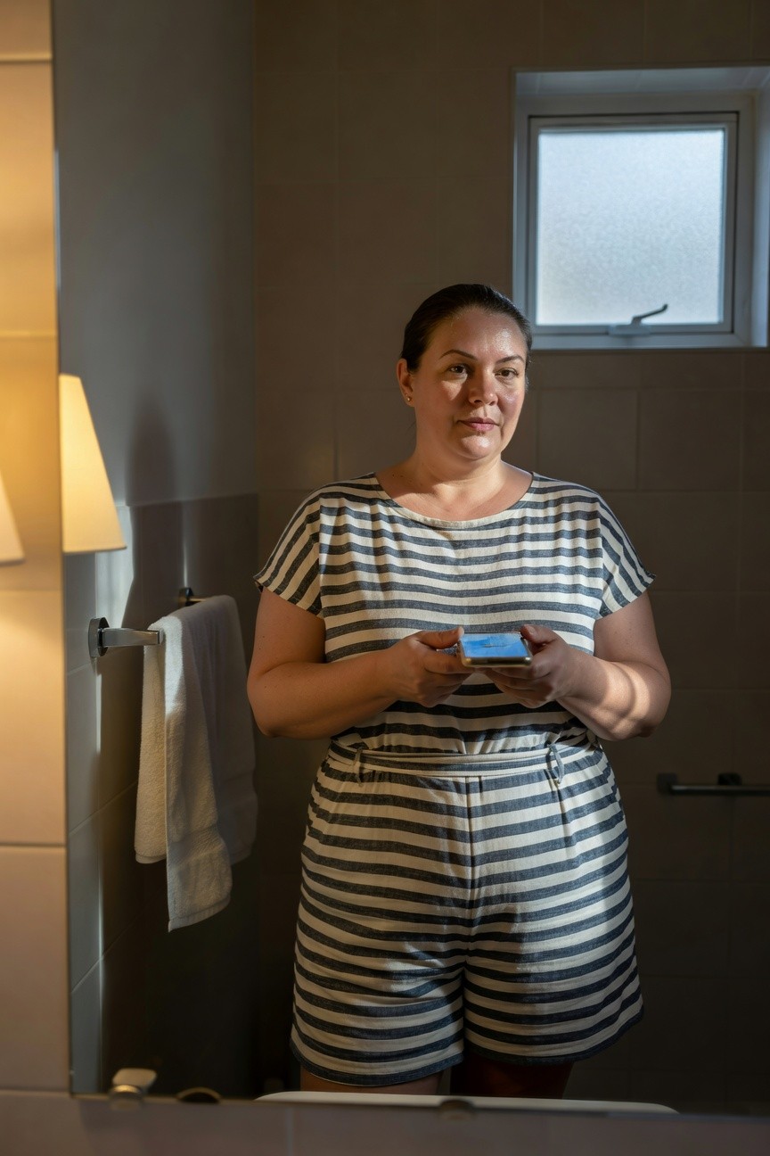 Plus-size woman taking a mirror selfie in a bathroom while wearing a navy and white Breton striped romper with short sleeves and shorts, holding a blue smartphone, towel hanging nearby