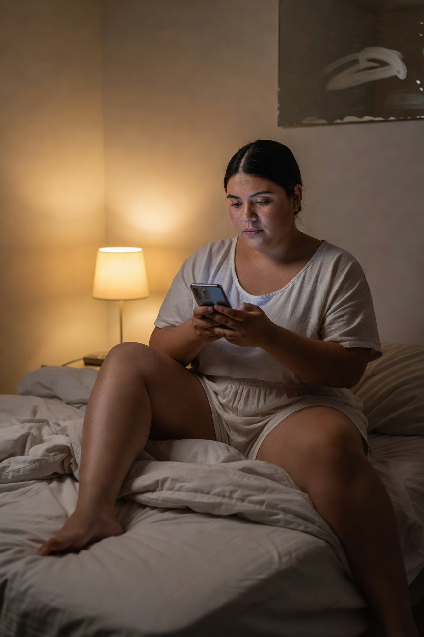 Plus-size woman with dark hair wearing a loose cream short-sleeved romper, sitting on a bed with legs extended, holding a smartphone while lit by a bedside lamp in a dimly lit bedroom