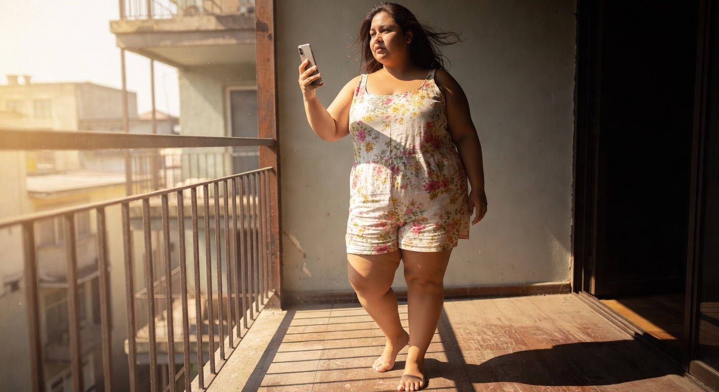 Plus-size woman standing barefoot on a balcony in a light gray floral print sleeveless romper with short loose legs, holding a smartphone, soft evening light highlighting the rosy flower pattern
