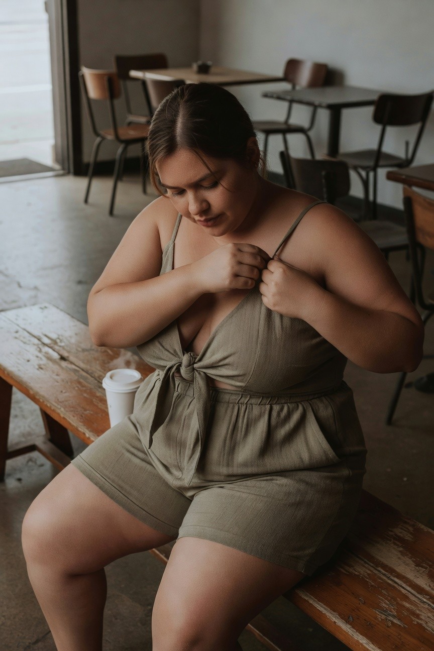 Plus-size woman in olive green romper with thin straps, deep tie-front neckline, and short bottoms, seated on bench adjusting the bow tie at chest while holding coffee cup nearby