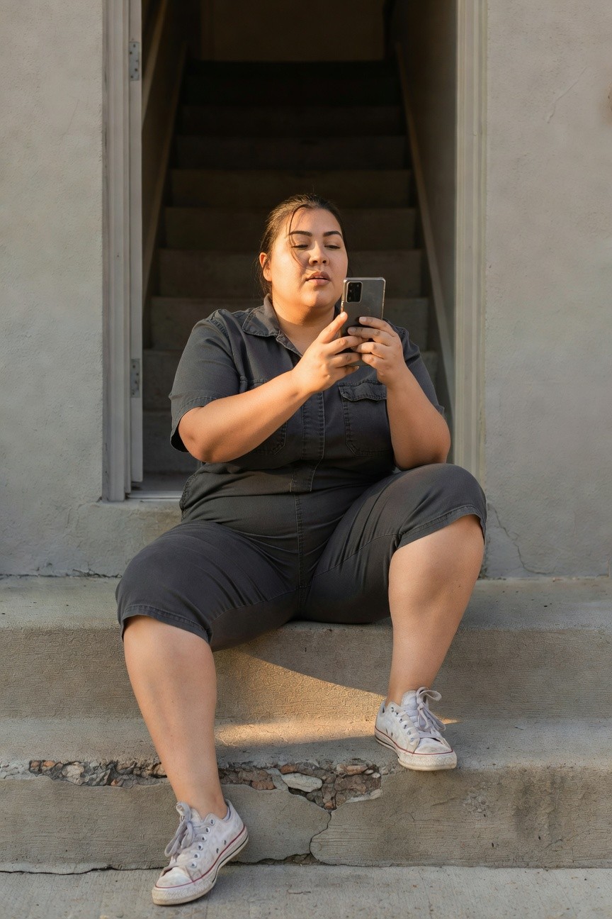 Plus-size Asian woman sitting on concrete stairs in a short-sleeve gray cotton romper with cropped pants, white Converse sneakers, and holding a smartphone