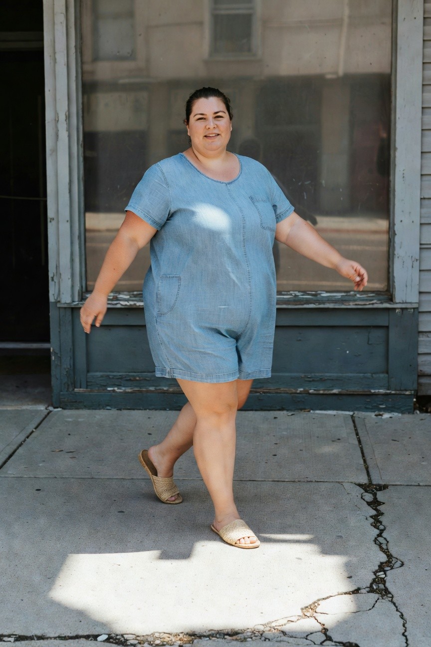 Plus-size woman in light blue denim romper with short sleeves, scoop neck, patch pockets, and mid-thigh shorts, paired with tan woven slide sandals, walking casually