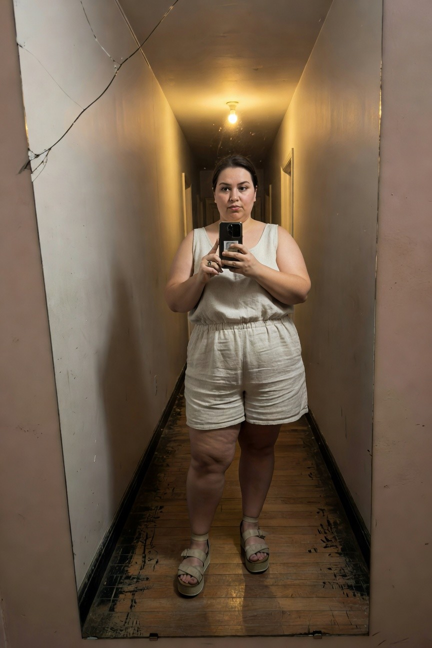 Plus size woman taking a mirror selfie in a narrow hallway wearing an off-white linen tank romper with wide-leg shorts and beige strappy wedge sandals, holding her phone