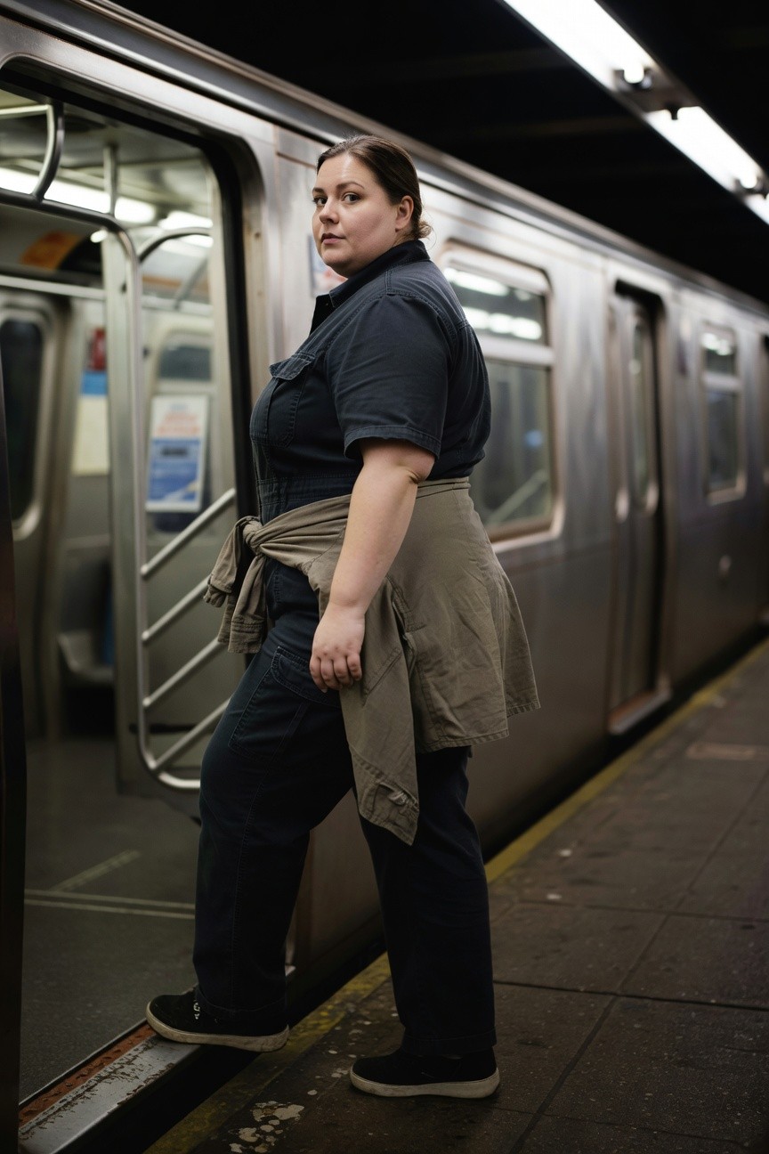 Side view of plus-size woman stepping onto subway train wearing dark navy short-sleeve romper jumpsuit with thigh pockets, khaki jacket tied around waist as belt, black sneakers, hair in loose ponytail