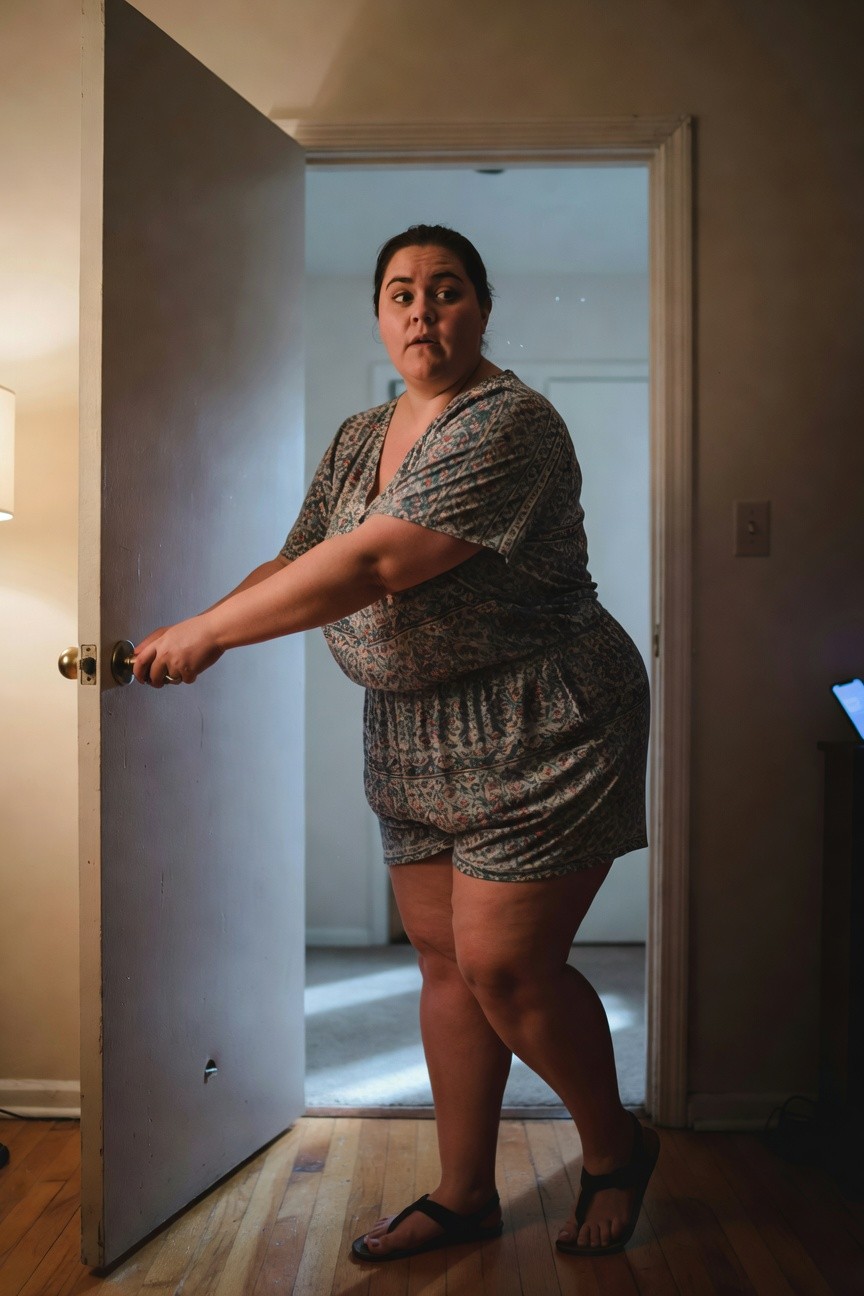 Plus-size woman in a blue and green floral print short-sleeved romper with wide-leg shorts styling, paired with black flip-flop sandals, hand on open interior door knob
