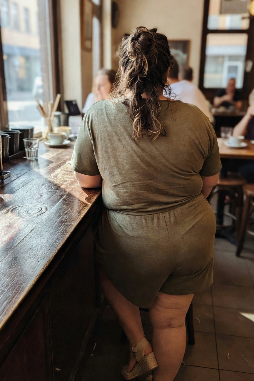 Back view of a plus-size woman wearing a loose sage green romper with short sleeves and shorts, leaning against a wooden cafe counter, paired with tan espadrille wedge sandals, hair in a messy ponytail