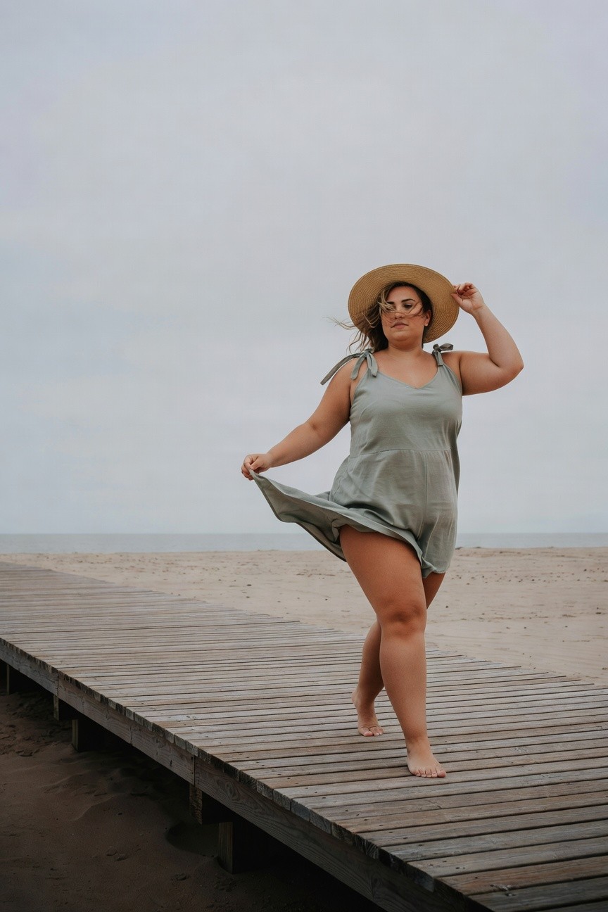 Plus-size woman walking on wooden pier in light sage green strappy romper with flared short hem, holding skirt edge playfully, wearing tan wide-brim straw hat, barefoot, beach sand in background