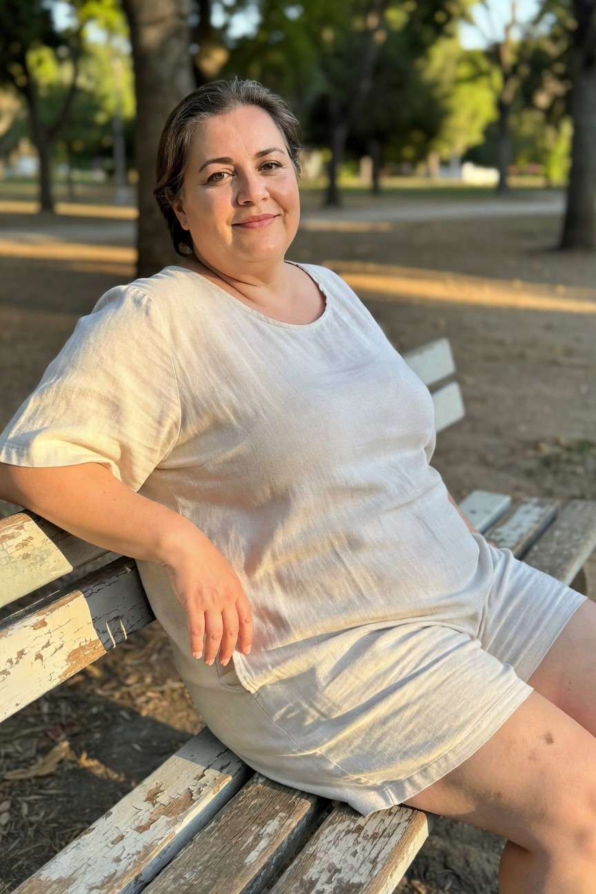 Plus-size woman smiling while seated on a wooden bench, wearing a loose off-white linen short-sleeve top and matching mid-thigh shorts, arm rested casually on the bench