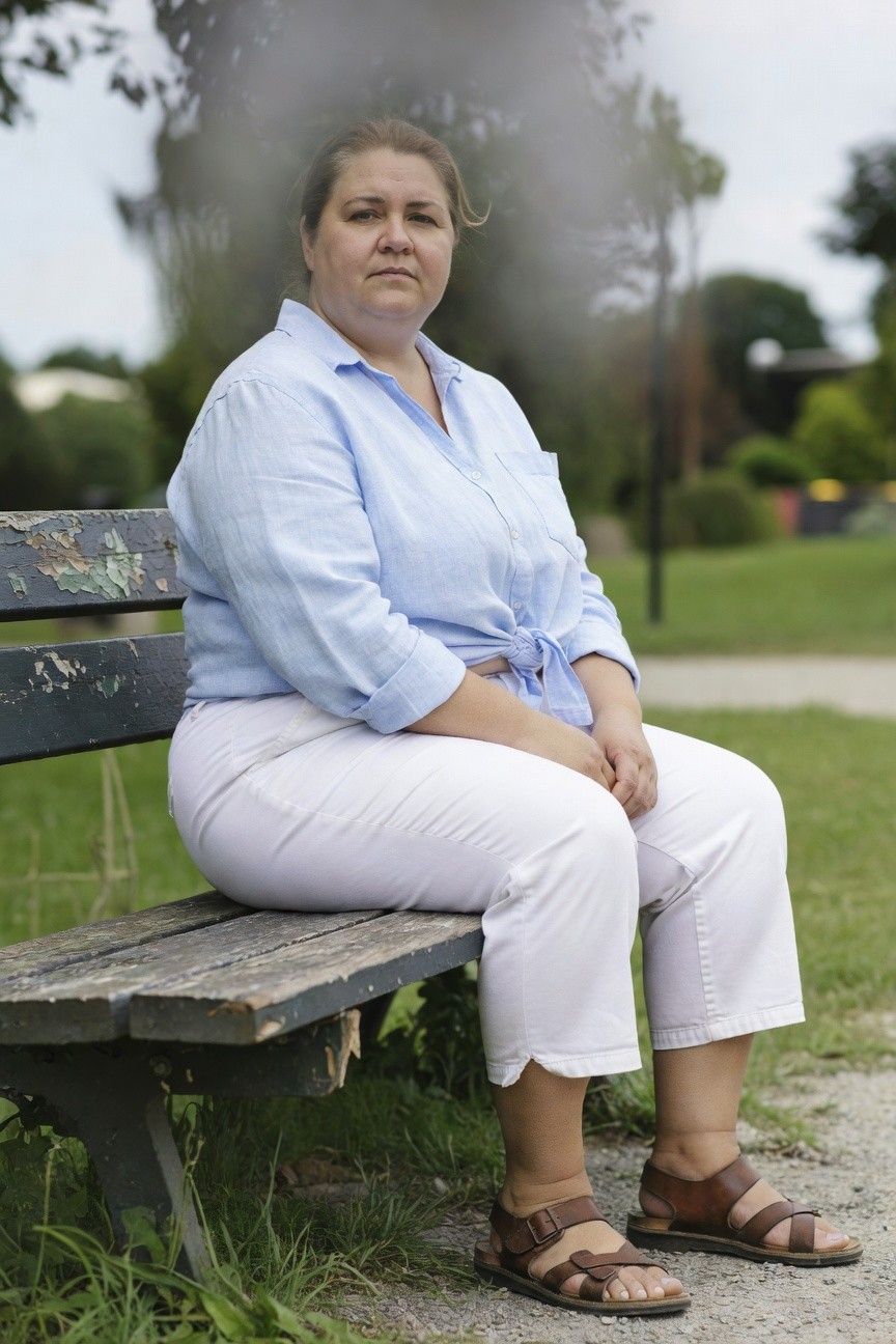 Plus-size woman seated on a park bench wearing a loose light blue button-up shirt tucked loosely into straight-leg white pants and brown strappy sandals, casual summer outfit against green grass background