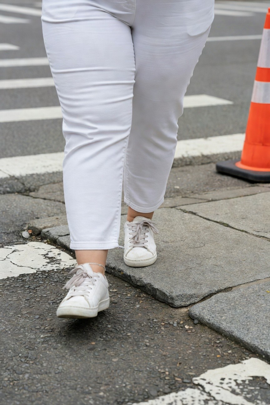Close-up view of a plus-size woman's legs in straight-leg white pants cropped at the ankle, paired with white low-top sneakers featuring gray laces and a silver ankle bracelet, standing on a crosswalk pavement near orange traffic cones.
