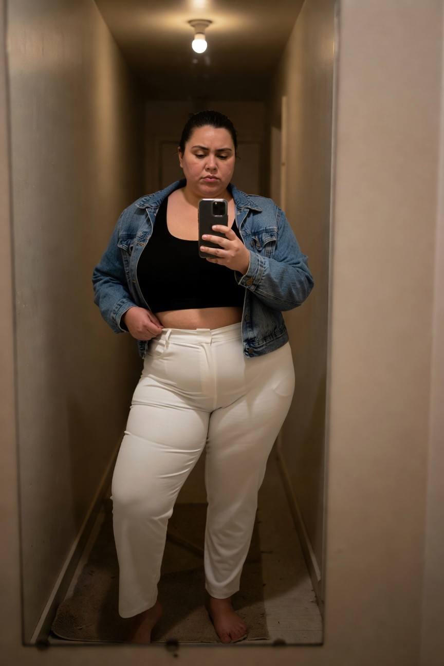 Plus size woman taking mirror selfie in hallway wearing open light wash denim jacket over black cropped tank top high-waisted white pants standing barefoot pulling at waistband