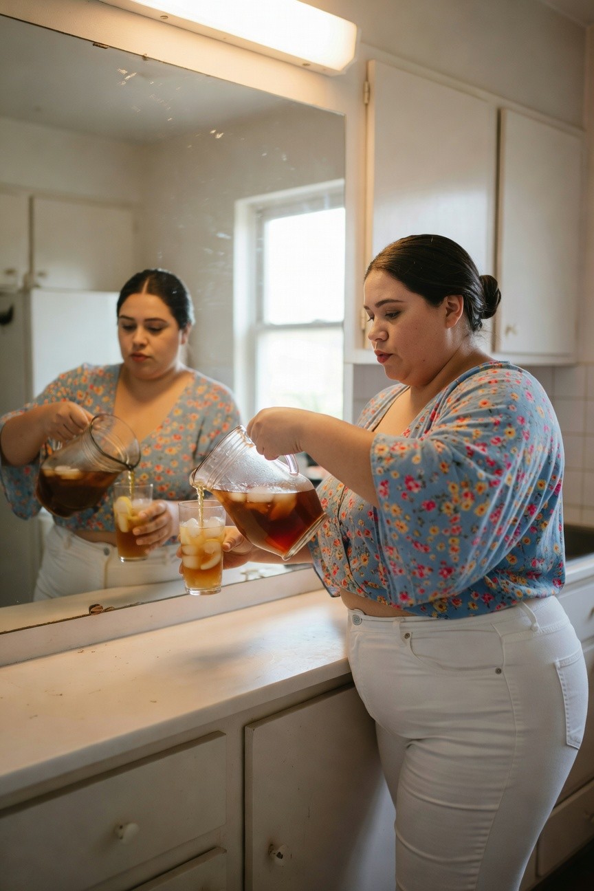 Plus-size woman in a blue floral blouse with loose sleeves and a low neckline pouring iced tea from a pitcher into a glass while wearing fitted white high-waisted jeans, captured in a kitchen mirror reflection