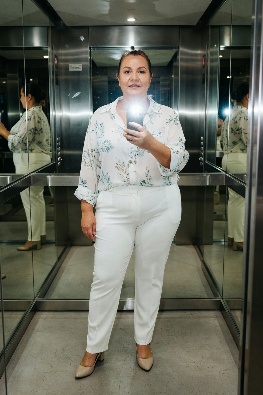 Plus-size woman in a sheer white floral print blouse tucked into high-waisted white tailored pants, nude slingback heels, taking a mirror selfie in an elevator with metallic walls reflecting the outfit