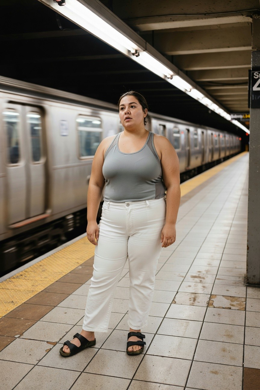 Plus-size woman in sleeveless gray tank top, white straight-leg pants, and black strap sandals, standing casually on subway platform with blurred train in background